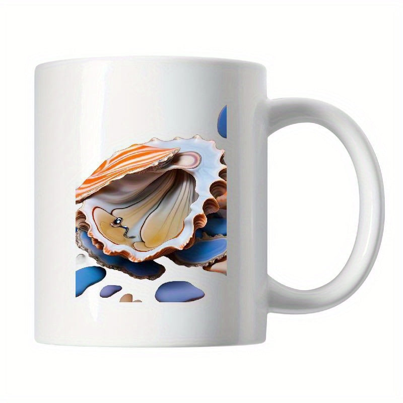 Tailorly White Ceramic 11 oz Mug - Artistic Detailed Open Shell With Blue Ocean Pebbles And Vibrant Waves Seashell