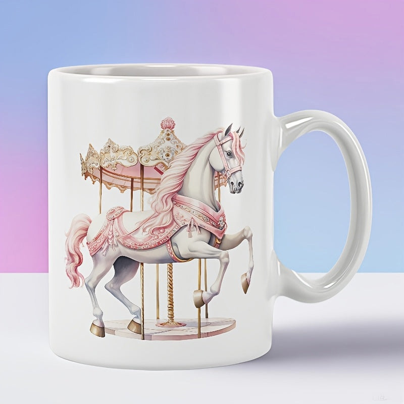 Tailorly White Ceramic 11 oz Mug - Ornate Golden Carousel Canopy Over Elegant Pink Mane White Steed Horse