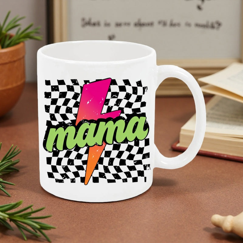Tailorly White Ceramic 11 oz Mug - Mama Retro Distorted Checkerboard Pattern Featuring Vibrant Colorful Pink And Orange Lightning Bolt