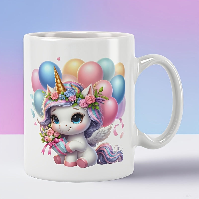 Tailorly White Ceramic 11 oz Mug - Adorable Mythical Creature Holding Gift Box With Pastel Festive Balloons Unicorn