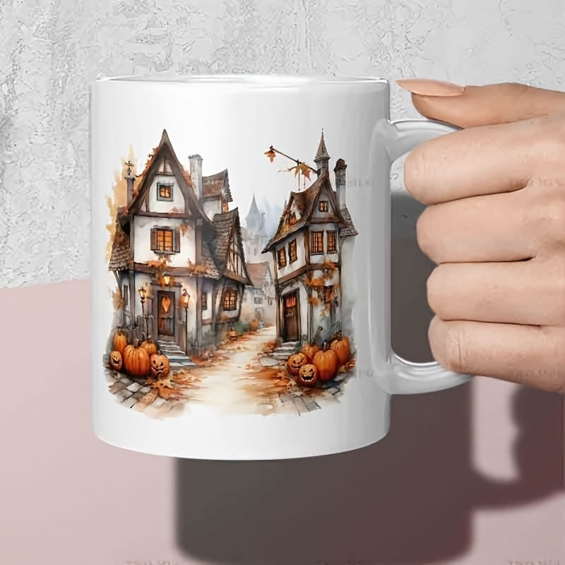 Tailorly White Ceramic 11 oz Mug - Whimsical Autumn Village Scene Featuring Carved Pumpkins And Medieval Tudor House