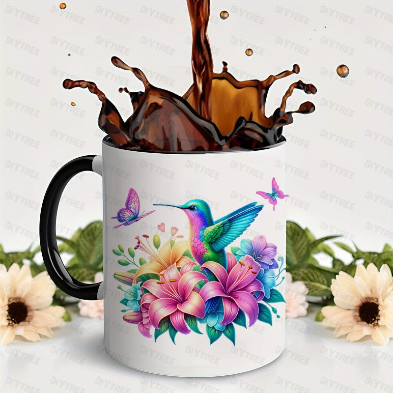 Tailorly Black Accent 11 oz Mug - vibrant floral and hummingbird design