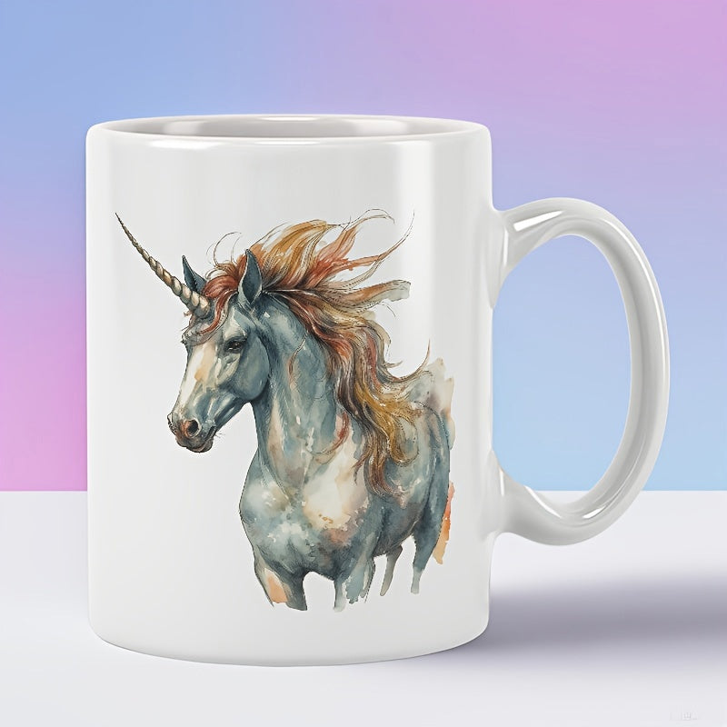 Tailorly White Ceramic 11 oz Mug - Watercolor Style Artistic Mythical Creature With Flowing Golden Mane Standing Unicorn