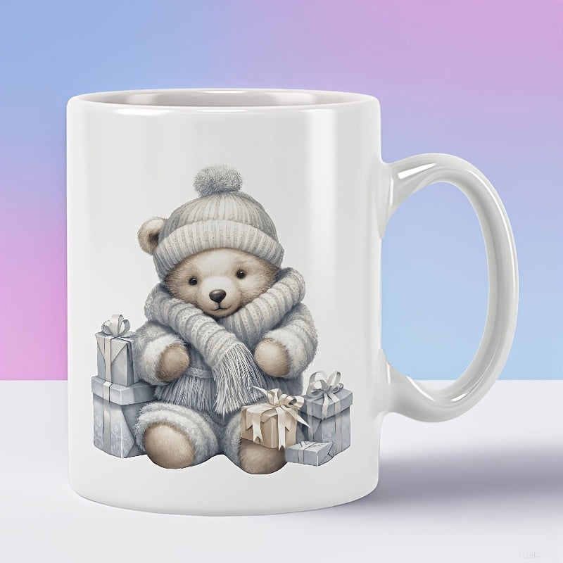 Tailorly White Ceramic 11 oz Mug - Cute Soft Winter Bear Wearing Knitted Beanie And Scarf Beside Wrapped Gifts Teddy Bear