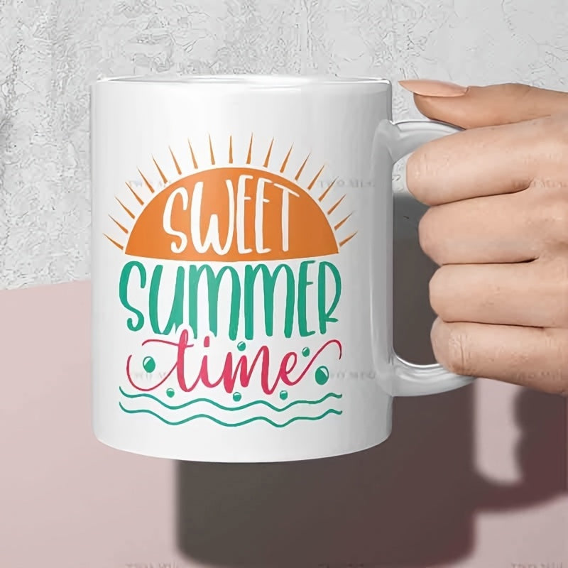 Tailorly White Ceramic 11 oz Mug - Sweet Summer Time Semi Circular Sun With Radiating Rays Among Teal Ocean Waves Sun