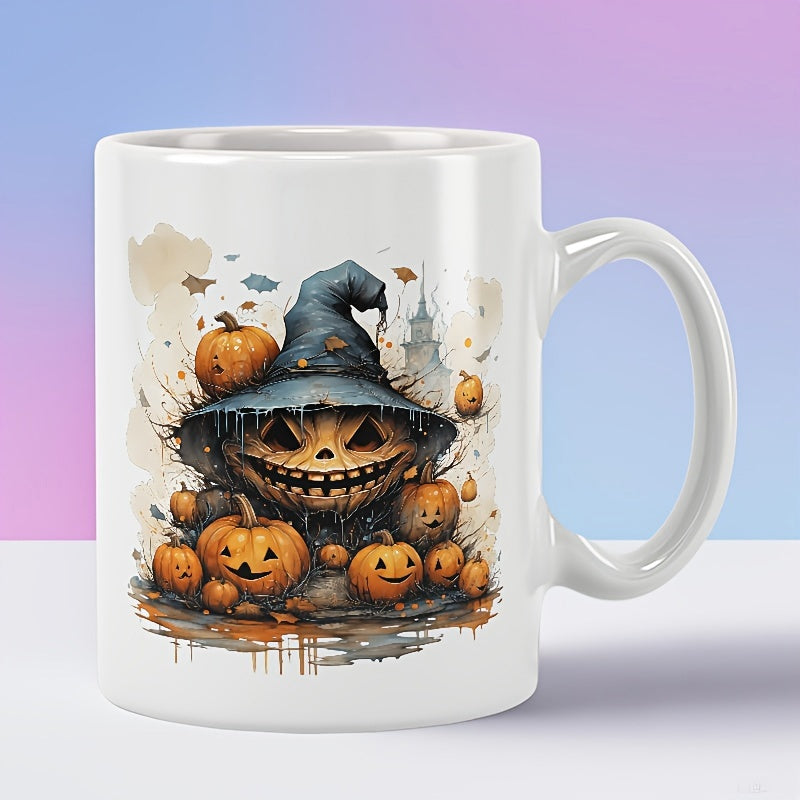Tailorly White Ceramic 11 oz Mug - Spooky Halloween Illustration Featuring Jack O Lantern Wearing A Blue Witch Hat Pumpkin