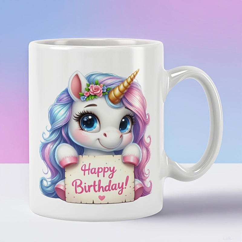 Tailorly White Ceramic 11 oz Mug - Happy Birthday Magical Creature With Pastel Mane Holding A Sign Among Flowers Unicorn
