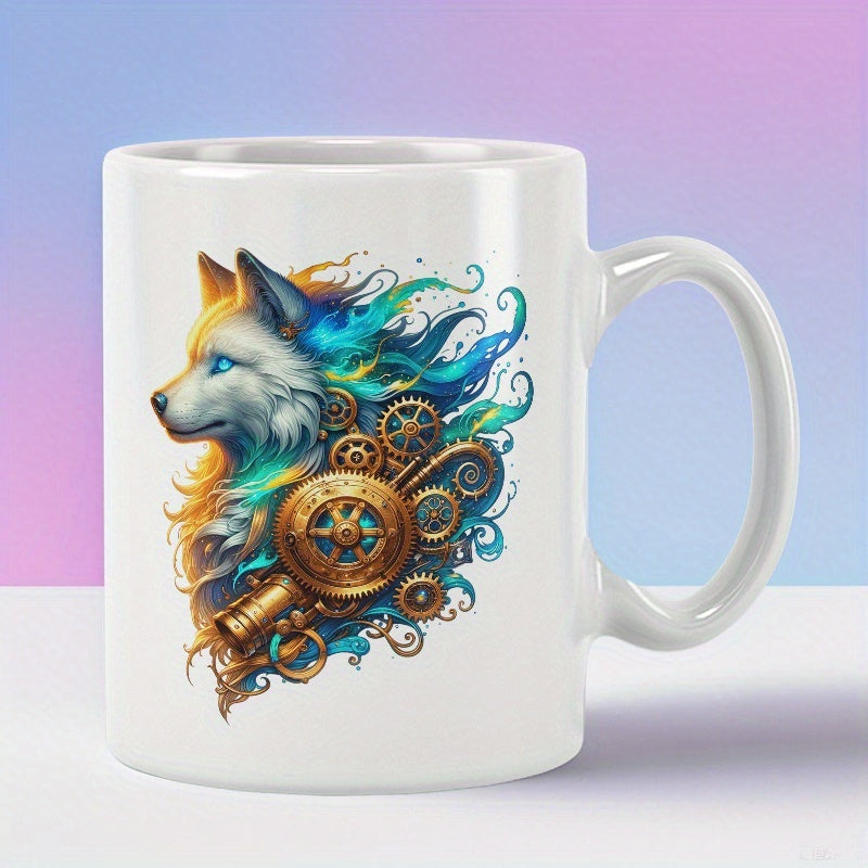 Tailorly White Ceramic 11 oz Mug - Majestic Steampunk Style With Ornate Bronze Gears And Vibrant Flowing Mane Wolf