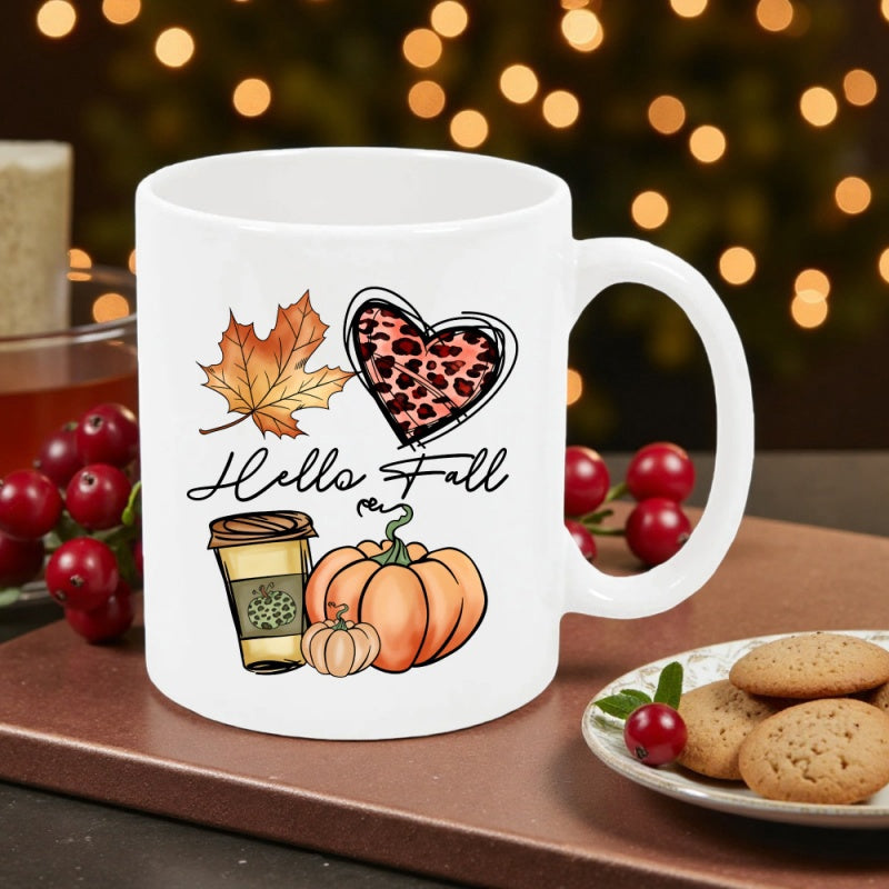 Tailorly White Ceramic 11 oz Mug - Hello Fall Autumn Maple Leaf With Leopard Heart Beside A Seasonal Coffee Cup Pumpkin