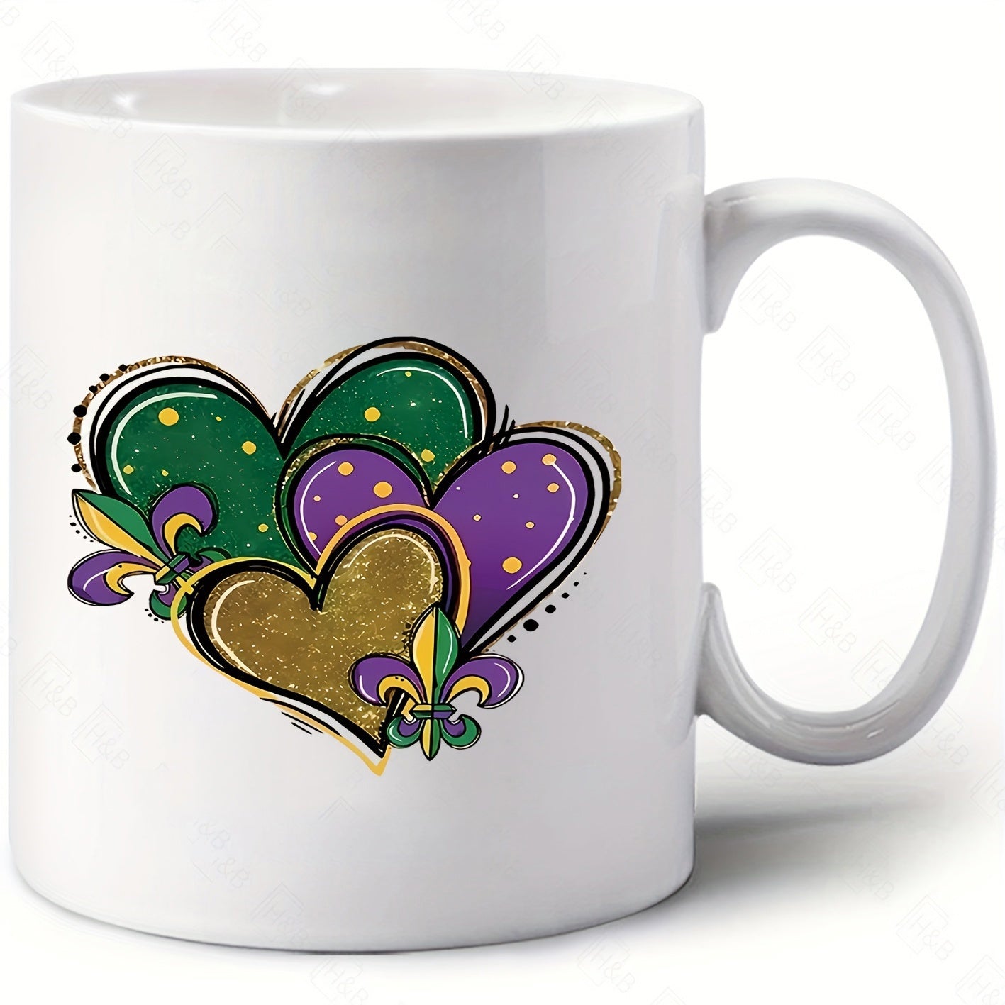 Tailorly White Ceramic 11 oz Mug - Vibrant Purple Green And Gold Patterns Featuring Fleur De Lis Hearts