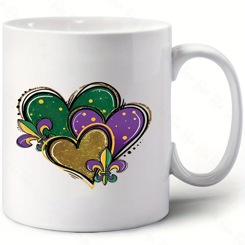 Tailorly White Ceramic 11 oz Mug - Vibrant Purple Green And Gold Patterns Featuring Fleur De Lis Hearts
