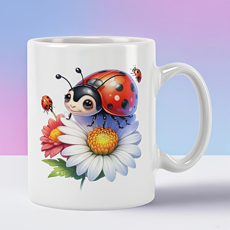 Tailorly White Ceramic 11 oz Mug - Colorful Garden Background With Red Beetle On White Daisy Ladybug