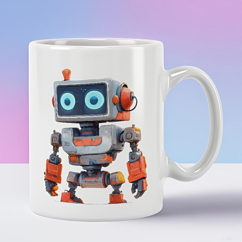 Tailorly White Ceramic 11 oz Mug - Cute Mechanical Character With Glowing Blue Eyes And Orange Metal Robot