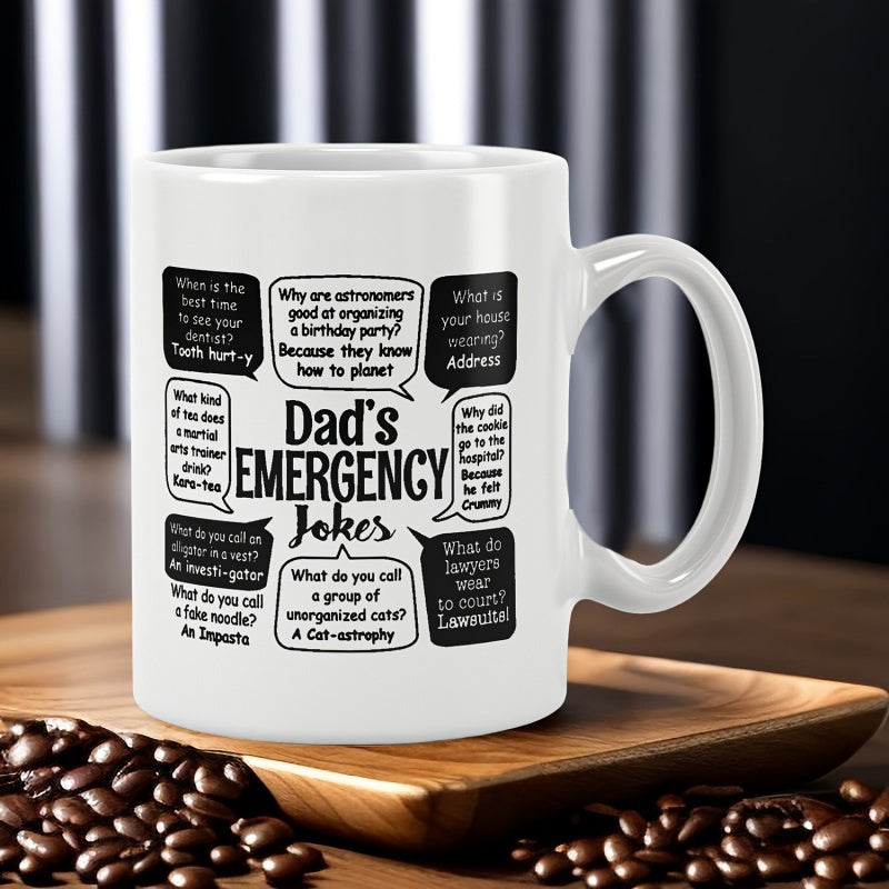Tailorly White Ceramic 11 oz Mug - Dads Emergency Jokes Minimalist Black Speech Bubbles With Witty Puns Arranged Around Bold Typography