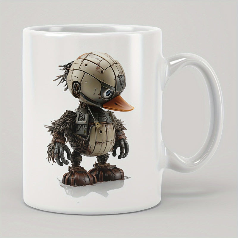 Tailorly White Ceramic 11 oz Mug - Steampunk Style Robot With Industrial Metal Plates And Rusty Feather Textures Duck