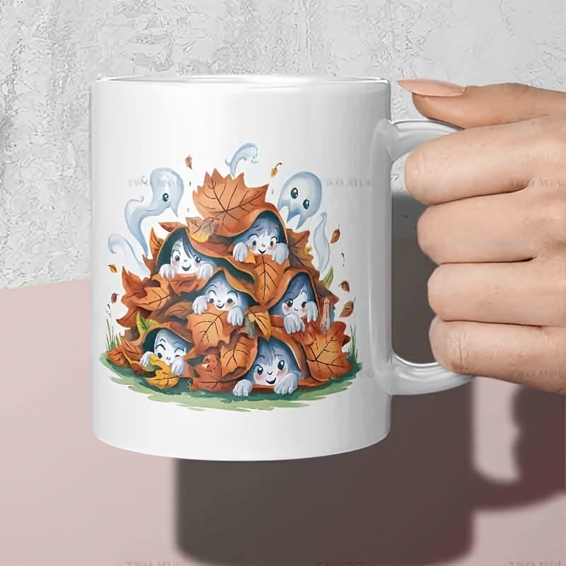 Tailorly White Ceramic 11 oz Mug - Cute Peeking Spirits Under Golden Maple Leaves With Floating Wispy Ghosts