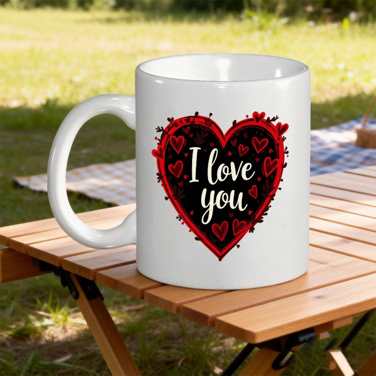 Tailorly White Ceramic 11 oz Mug - I Love You Elegant Red Heart Pattern Featuring Smaller Hearts On Black Background Heart