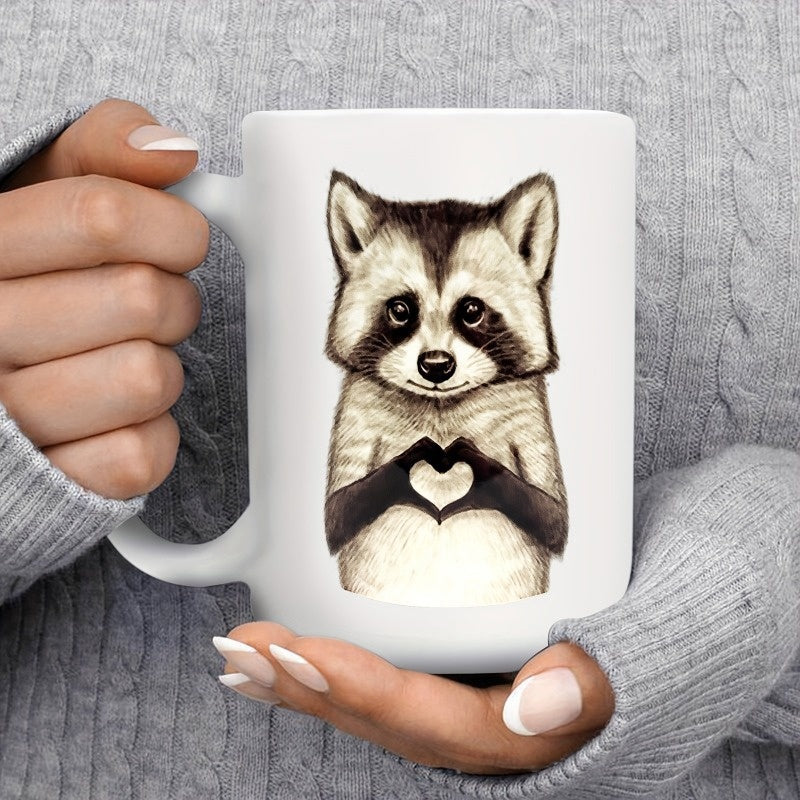 Tailorly White Ceramic 11 oz Mug - Charming Hand Drawn Woodland Animal Making Heart Sign With Paws Raccoon
