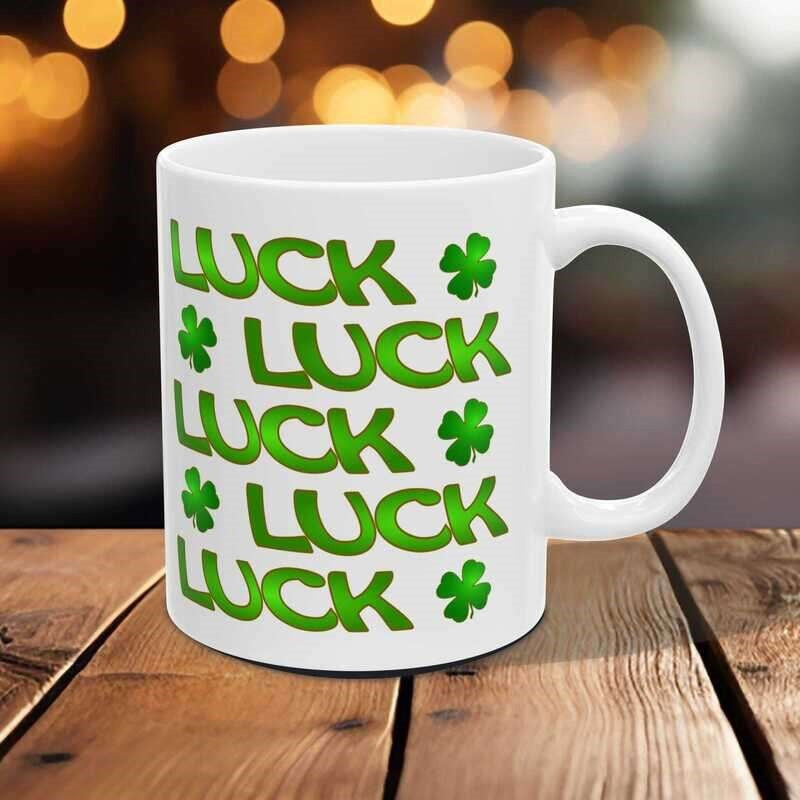 Tailorly White Ceramic 11 oz Mug - Luck Vibrant Green Stacked Letters Surrounded By Lucky Four Leaf Clover Mug