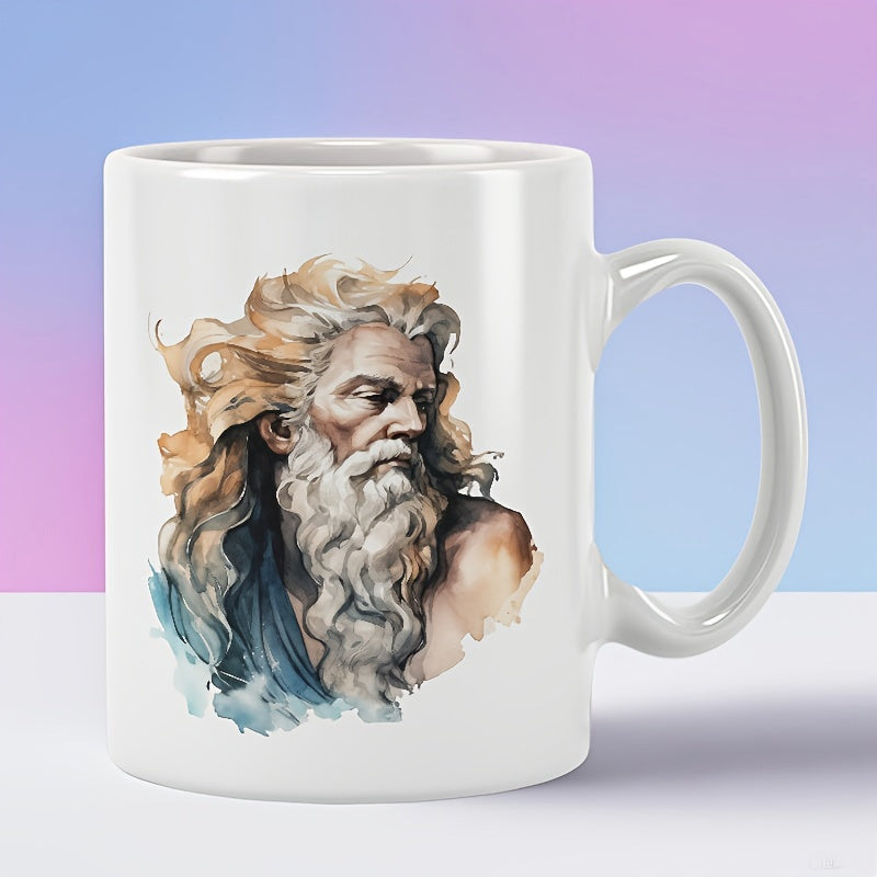 Tailorly White Ceramic 11 oz Mug - Ancient Mythology Greek God With Flowing Hair And Majestic White Beard Portrait