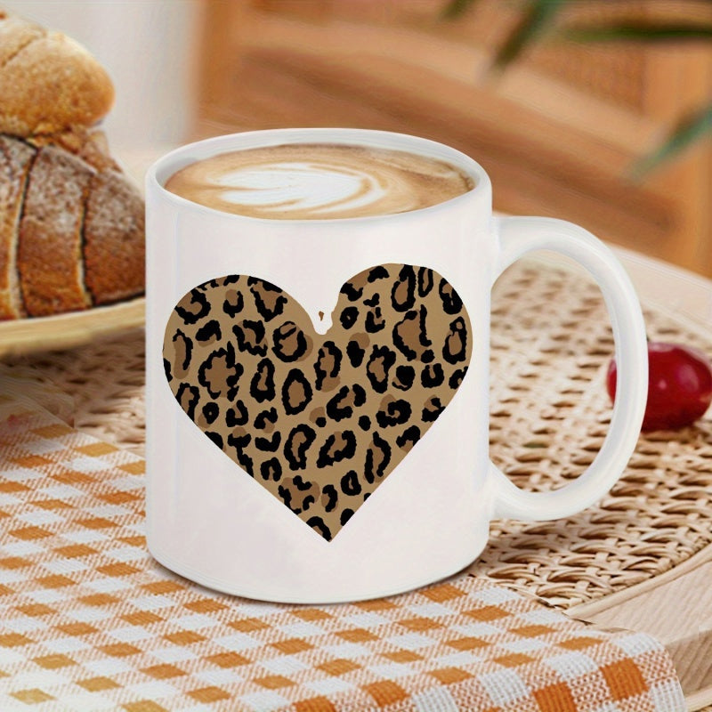Tailorly White Ceramic 11 oz Mug - Elegant Wild Animal Print Texture Pattern Featuring A Leopard Heart