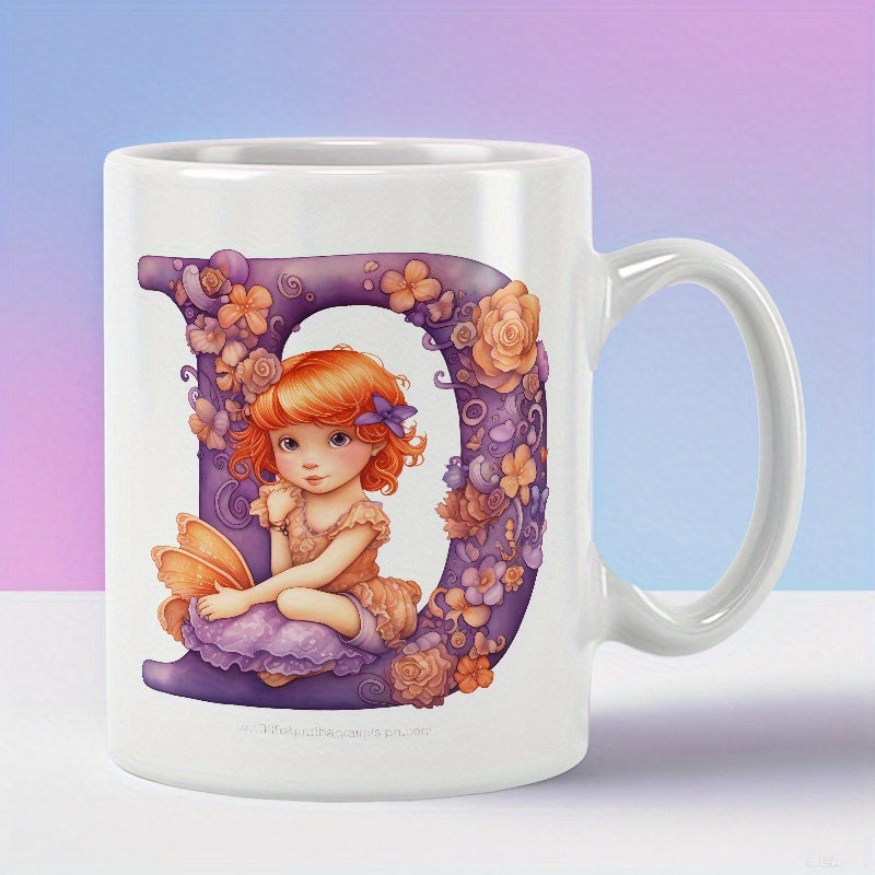 Tailorly White Ceramic 11 oz Mug - D Charming Little Girl With Red Hair Sitting Inside Floral Initial Girl