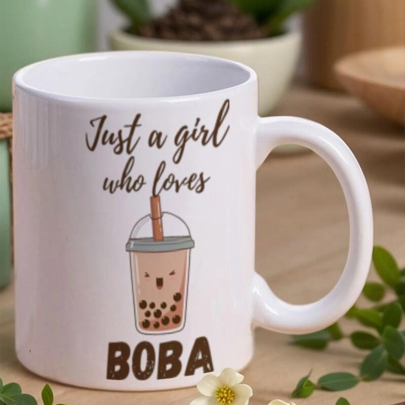 Tailorly White Ceramic 11 oz Mug - Just A Girl Who Loves Boba Cute Smiling Cartoon Pearl Milk Tea Cup With Straw Boba