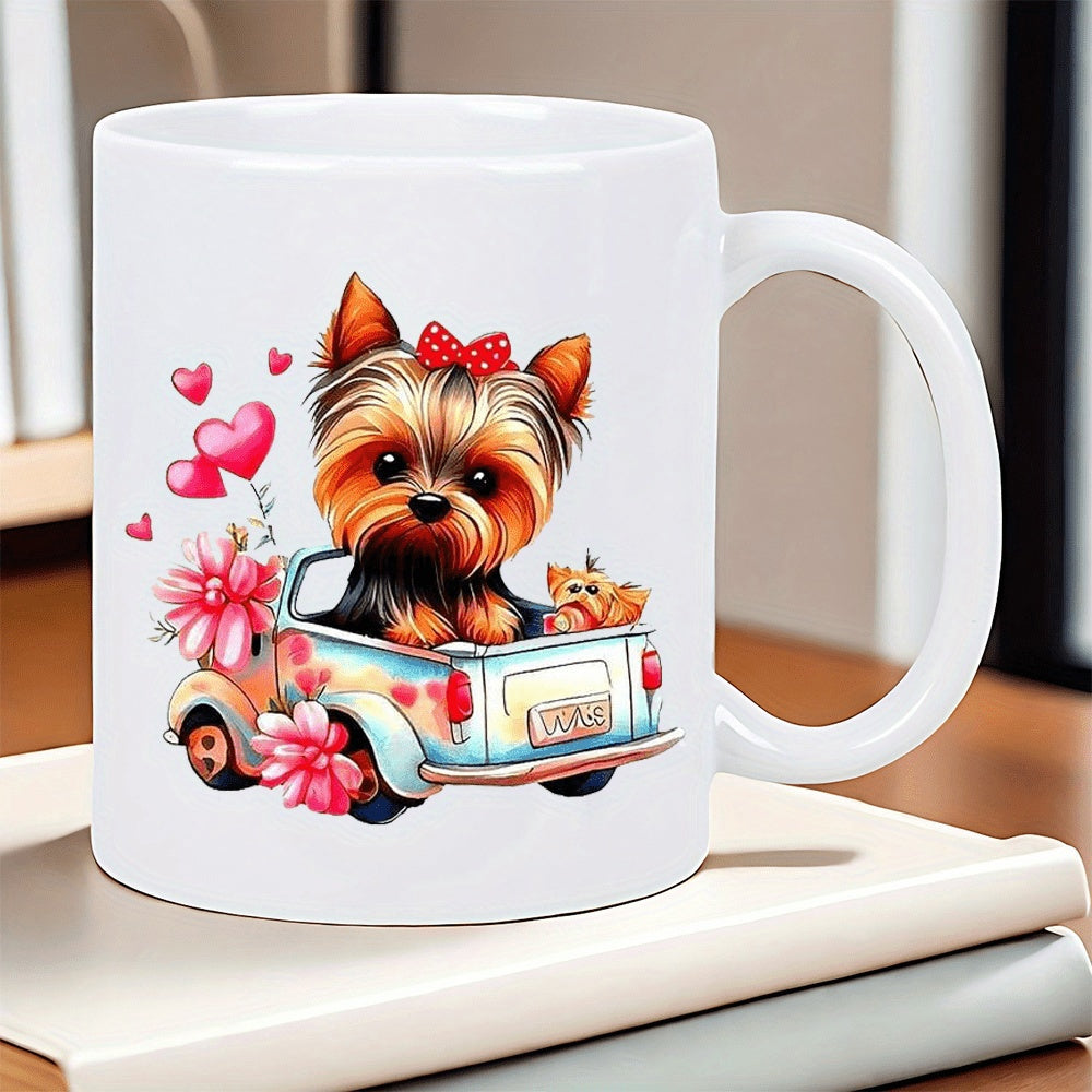 Tailorly White Ceramic 11 oz Mug - Adorable Yorkshire Terrier Sitting In A Floral Blue Vintage Truck Yorkie