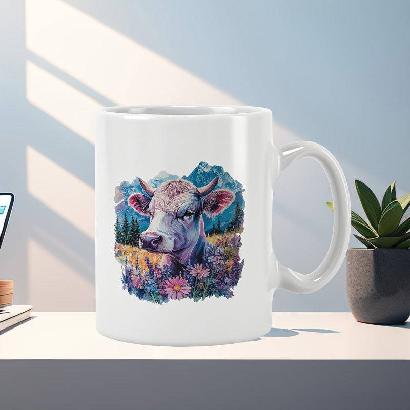 Tailorly White Ceramic 11 oz Mug - Watercolor Artistic Scene Featuring Gentle Highland Cattle Among Vibrant Spring Wildflowers Cow