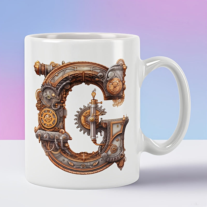 Tailorly White Ceramic 11 oz Mug - Vintage Ornate Metallic Gears With Copper Pipes Forming A Mechanical Steampunk Letter