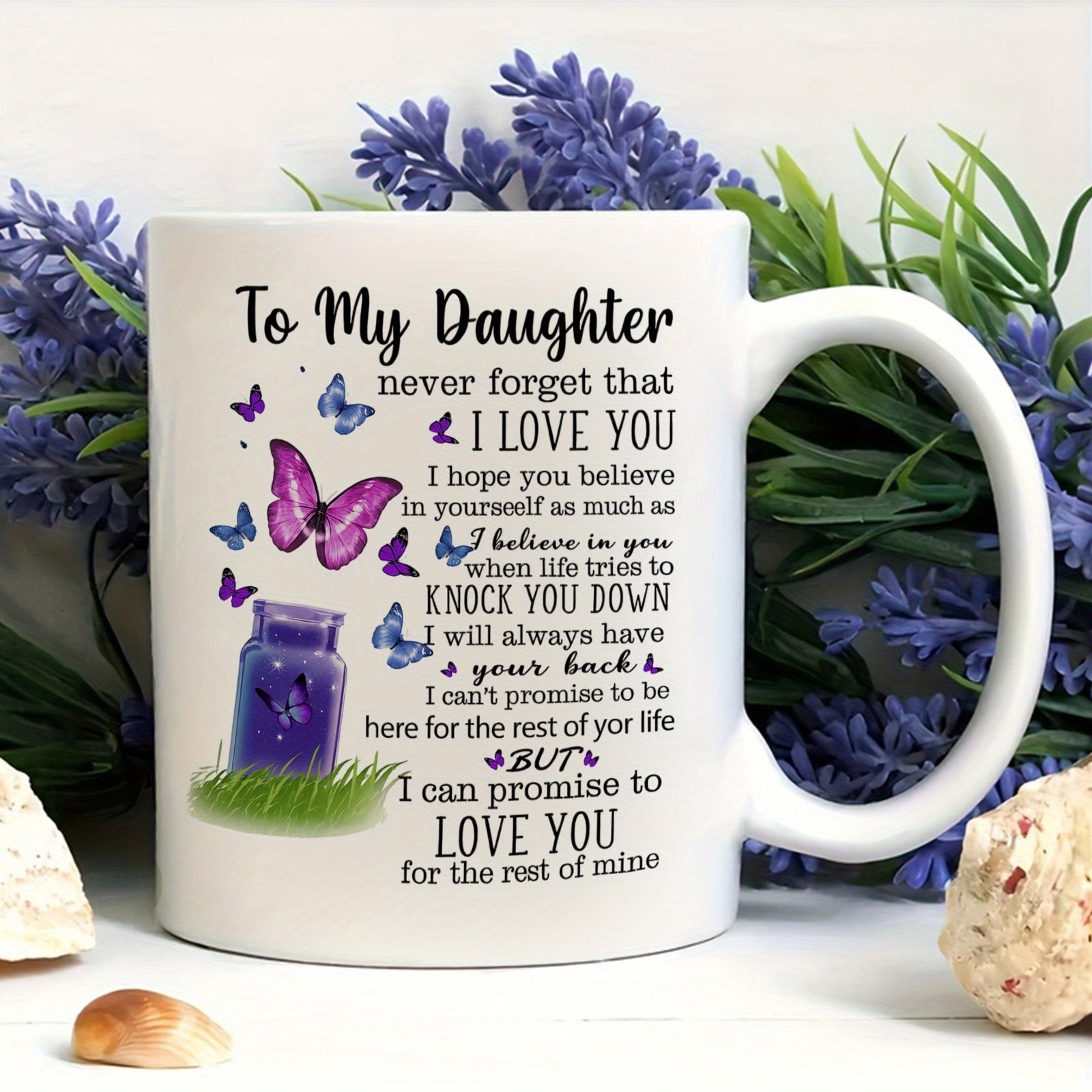 Tailorly White Ceramic 11 oz Mug - To My Daughter I Love You Beautiful Purple Butterflies Flying From A Glowing Magic Glass Jar Mug