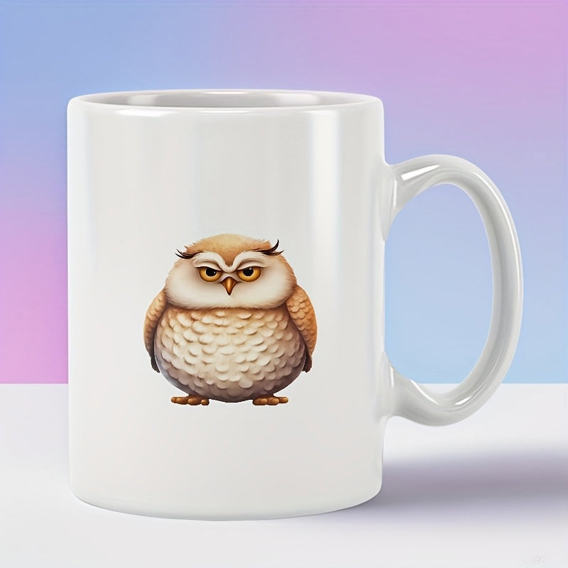 Tailorly White Ceramic 11 oz Mug - Chubby Brown Bird With A Round Body And Grumpy Stern Expression Owl