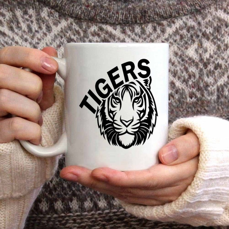 Tailorly White Ceramic 11 oz Mug - Tigers Bold Monochrome Tribal Style Head With Intricate Black Stripe Details Tiger