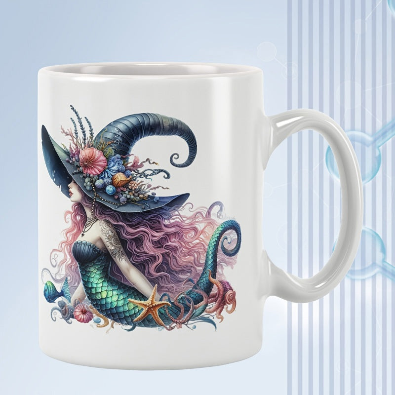 Tailorly White Ceramic 11 oz Mug - Enchanting Floral Witch Hat With Pink Flowing Hair And Scaly Mermaid