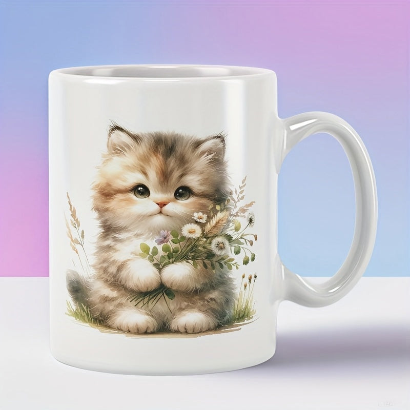 Tailorly White Ceramic 11 oz Mug - Adorable Fluffy Little Cat Holding A Delicate Bouquet Of Wildflowers Kitten