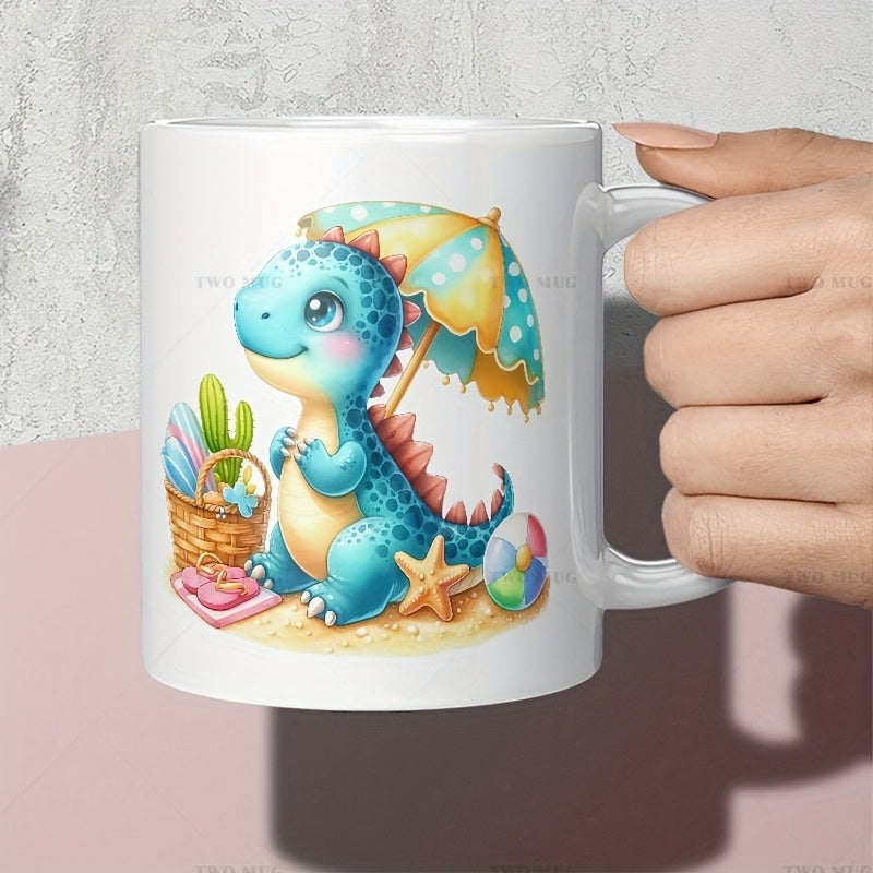 Tailorly White Ceramic 11 oz Mug - Adorable Blue Cartoon Dragon Holding Sun Umbrella On Sandy Beach Dinosaur