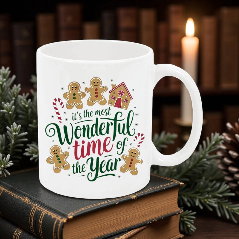 Tailorly White Ceramic 11 oz Mug - Its The Most Wonderful Time Of The Year Smiling Festive Gingerbread Cookies With Candy Canes And Small Cottage Gingerbread Man