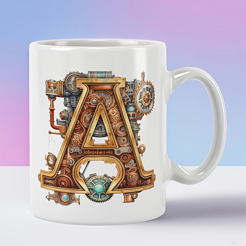 Tailorly White Ceramic 11 oz Mug - Steampunk Industrial Style With Intricate Gears And Copper Mechanical Piping Letter