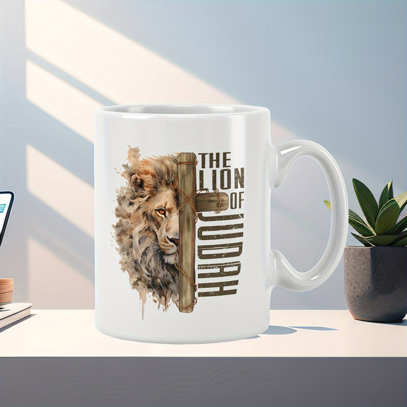 Tailorly White Ceramic 11 oz Mug - The Lion Of Judah Majestic Wild Beast With A Rustic Wooden Christian Cross Symbolizing Faith Lion