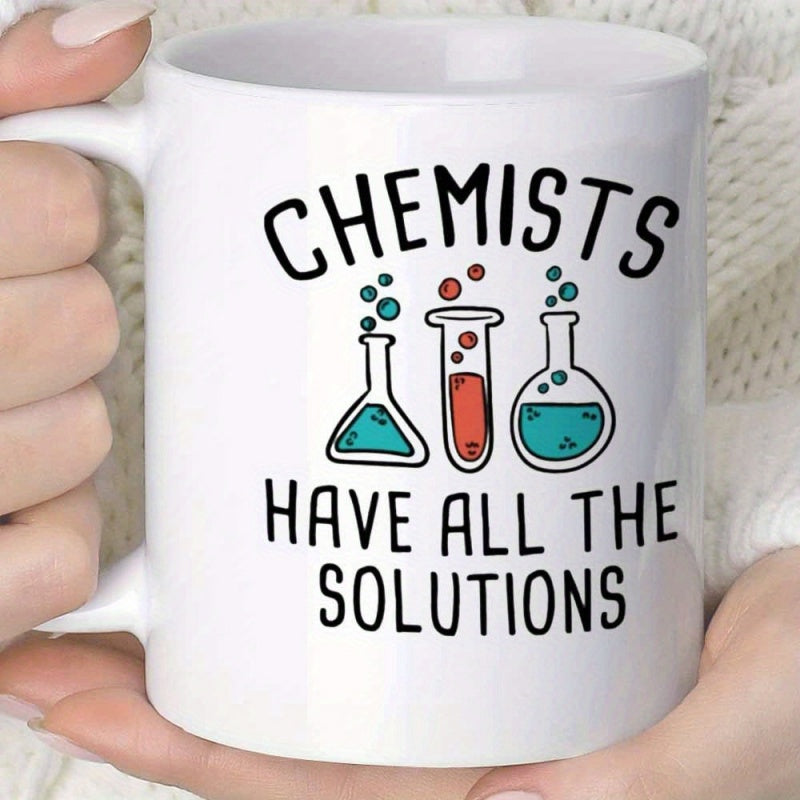 Tailorly White Ceramic 11 oz Mug - Chemists Have All The Solutions Laboratory Glassware Containing Bubbling Colored Chemical Solutions Inside Research Flask
