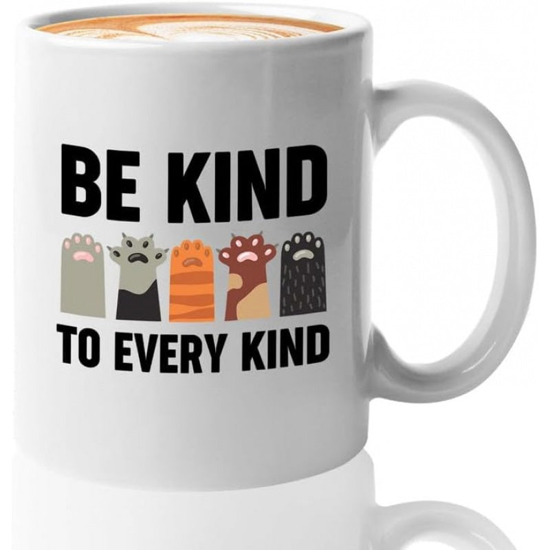 Tailorly White Ceramic 11 oz Mug - Be Kind To Every Kind Multiple Colorful Cartoon Paws Representing Different Breeds Standing Together Paw