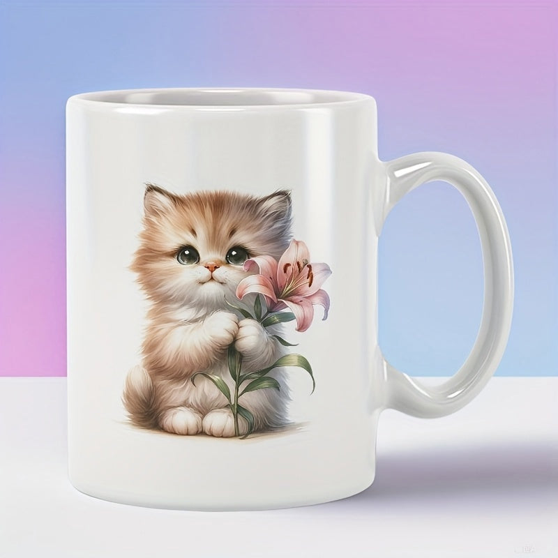 Tailorly White Ceramic 11 oz Mug - Adorable Fluffy Small Cat Holding A Delicate Pink Lily Flower Kitten