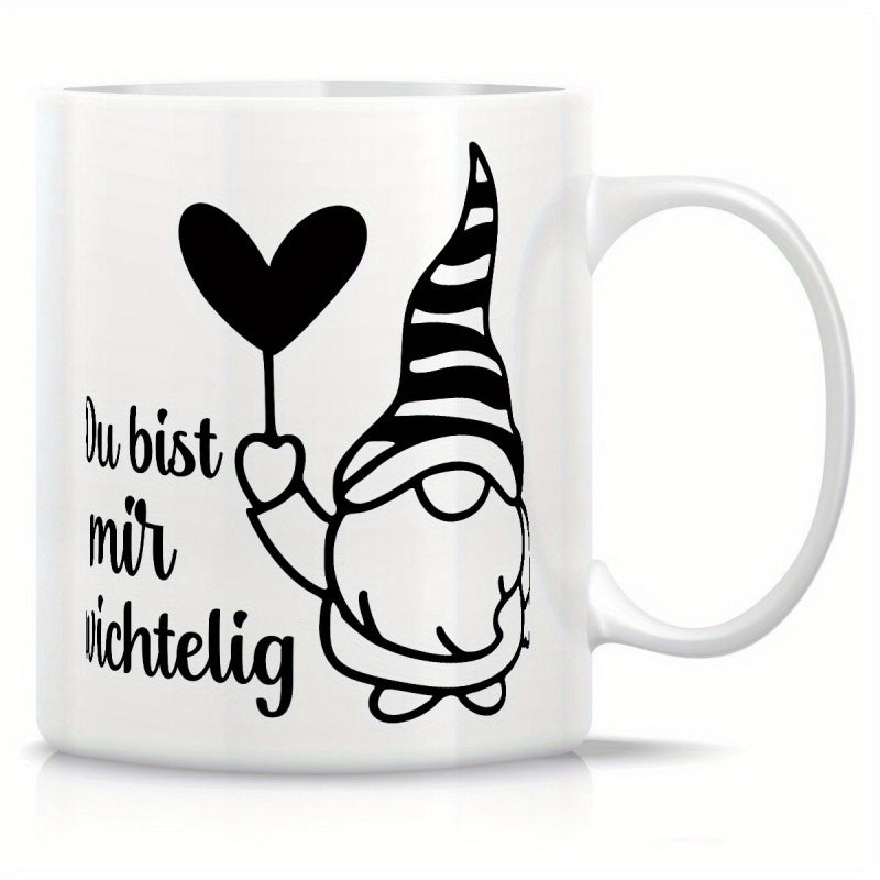 Tailorly White Ceramic 11 oz Mug - Minimalist Line Art Gnome Character Holding A Heart Shaped Balloon Sign Gnome