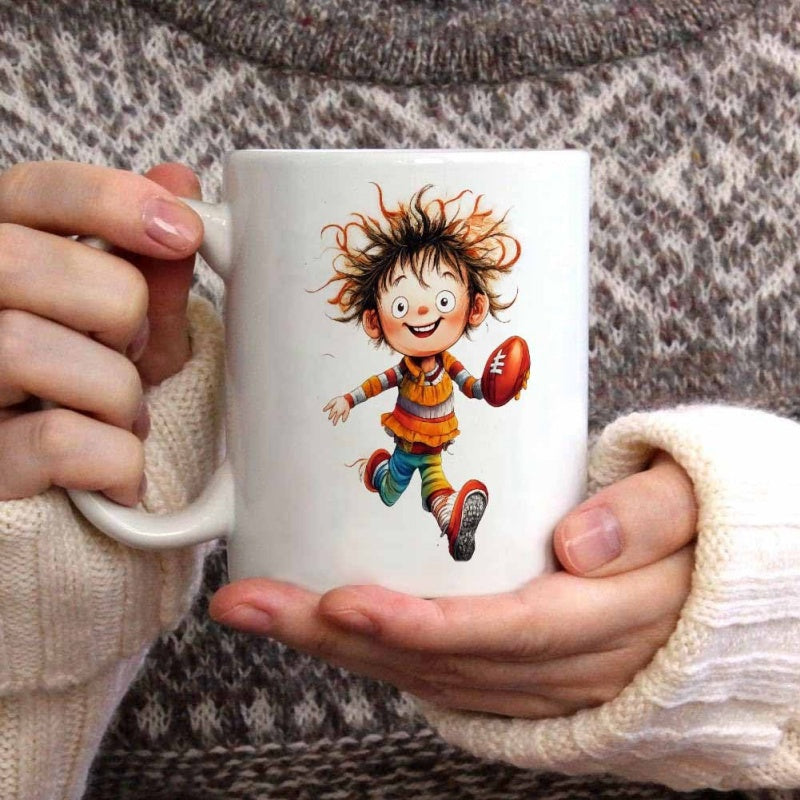 Tailorly White Ceramic 11 oz Mug - Happy Little Boy With Messy Hair Running While Holding Red Football Boy