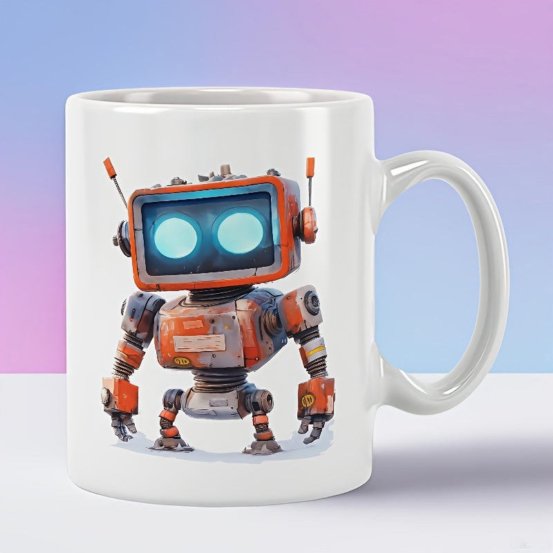Tailorly White Ceramic 11 oz Mug - Weathered Orange Mechanical Machine With Glowing Blue Eyes And Retro Television Head Robot