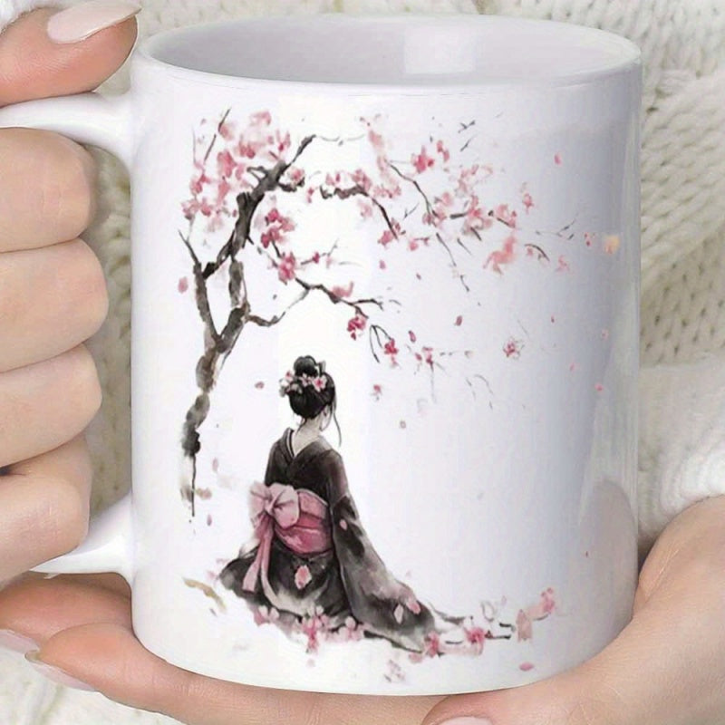 Tailorly White Ceramic 11 oz Mug - Elegant Japanese Watercolor Woman Sitting Under Blooming Pink Cherry Blossoms Geisha