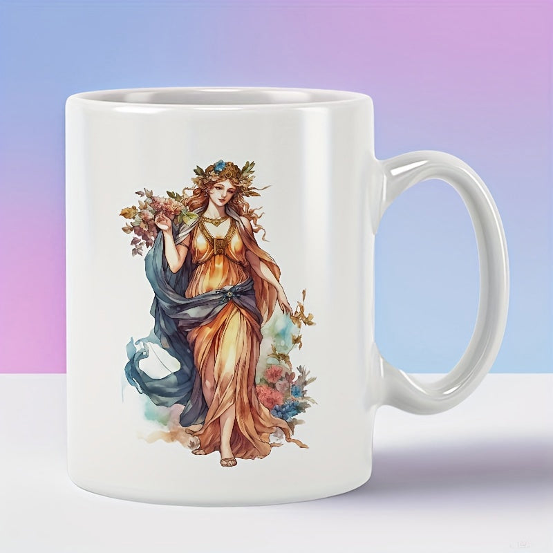 Tailorly White Ceramic 11 oz Mug - Elegant Vintage Art Nouveau Figure Holding Flowers With Flowing Golden Gown Lady
