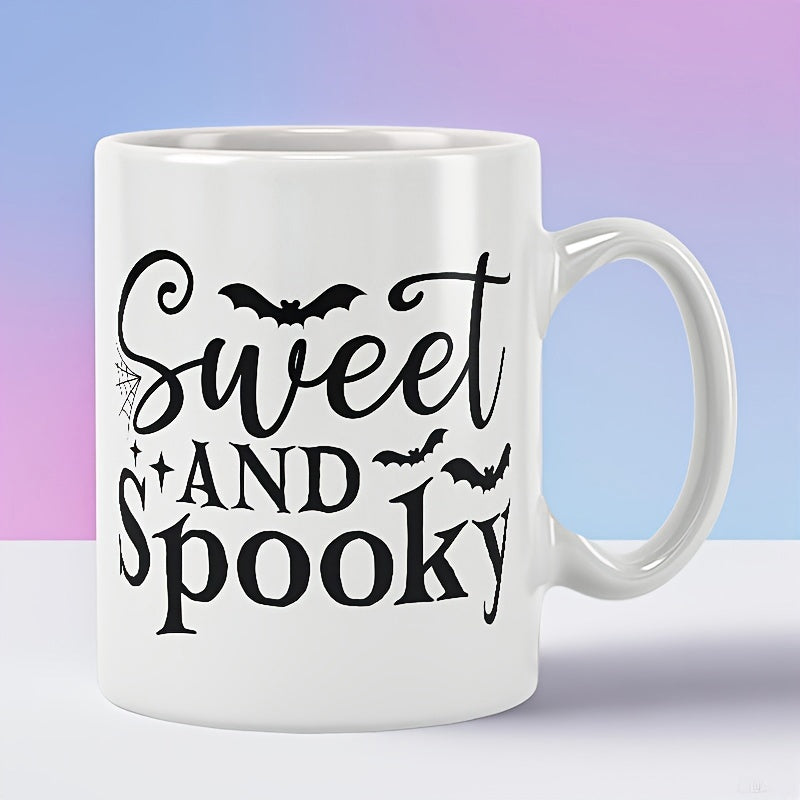 Tailorly White Ceramic 11 oz Mug - Sweet And Spooky Classic Halloween Bats Flying Among Minimalist Decorative Stars Mug