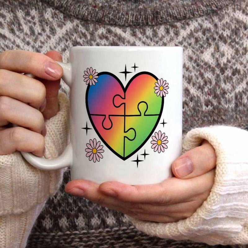 Tailorly White Ceramic 11 oz Mug - Vibrant Rainbow Gradient Puzzle Piece Design With Delicate Daisies And Twinkling Stars Heart