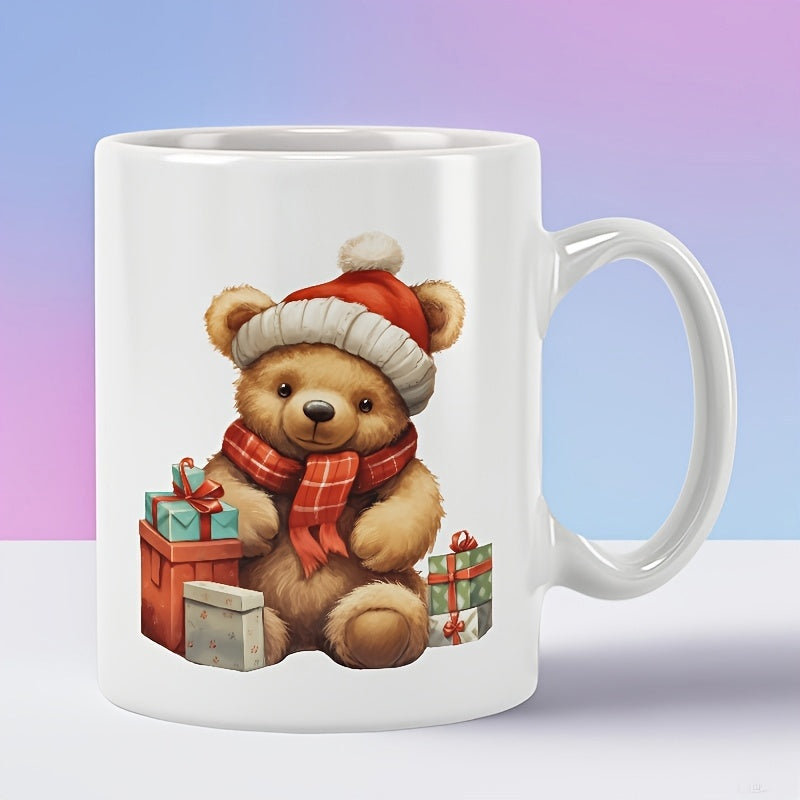Tailorly White Ceramic 11 oz Mug - Cute Fluffy Brown Teddy Bear Wearing Festive Winter Scarf Among Christmas Gift Boxes Teddy Bear
